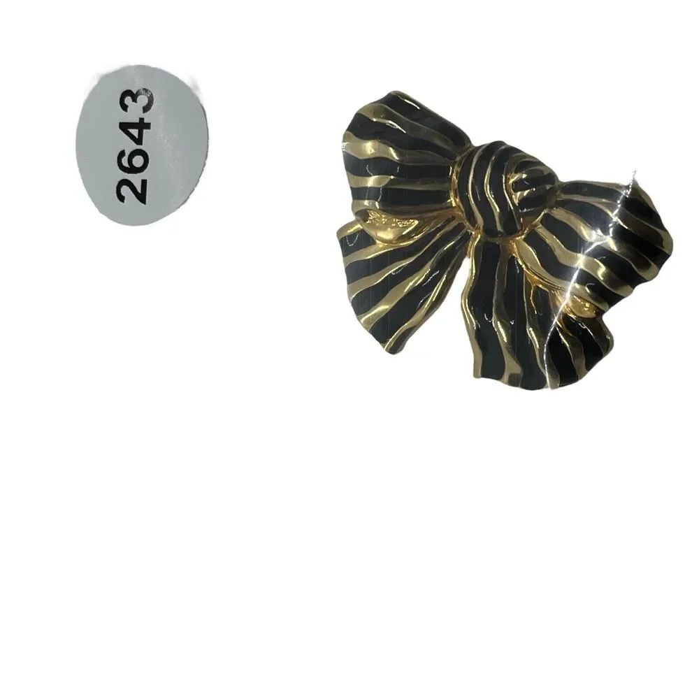 Swarovski Bow Brooch Pin Gold & Black Enamel Vintage Swan Signed Retro 80s Chic